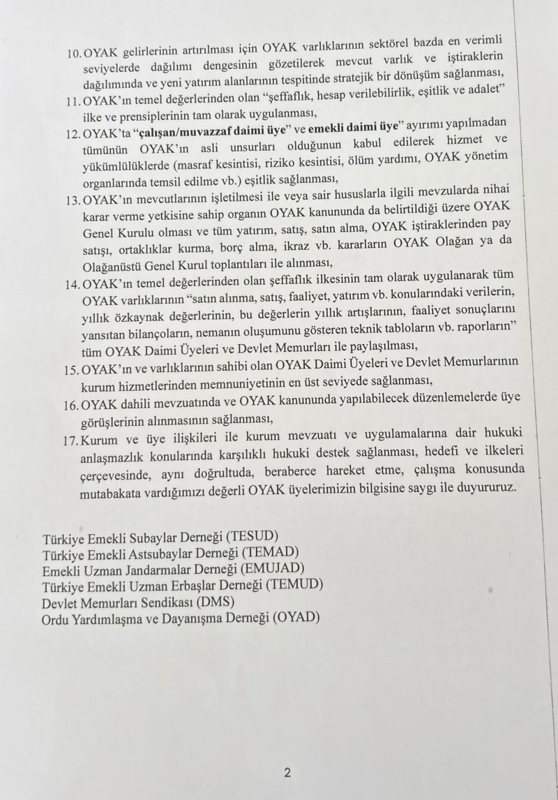 OYAK; ortak mutabakat metni 2 sayfa.