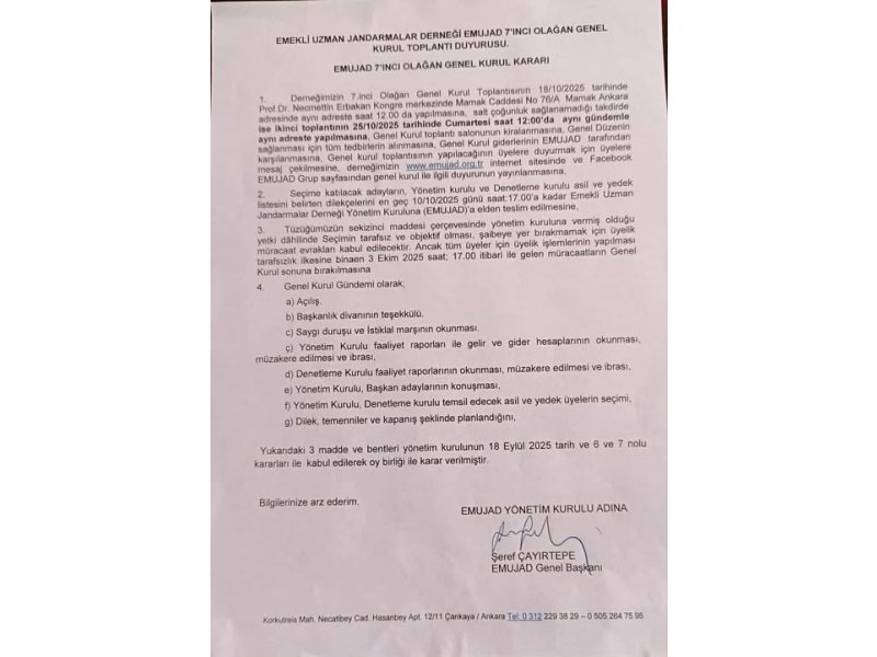 DUYURU Emekli Uzman Jandarmalar Derneği EMUJAD ın 7'ıncı olağan genel kurulu