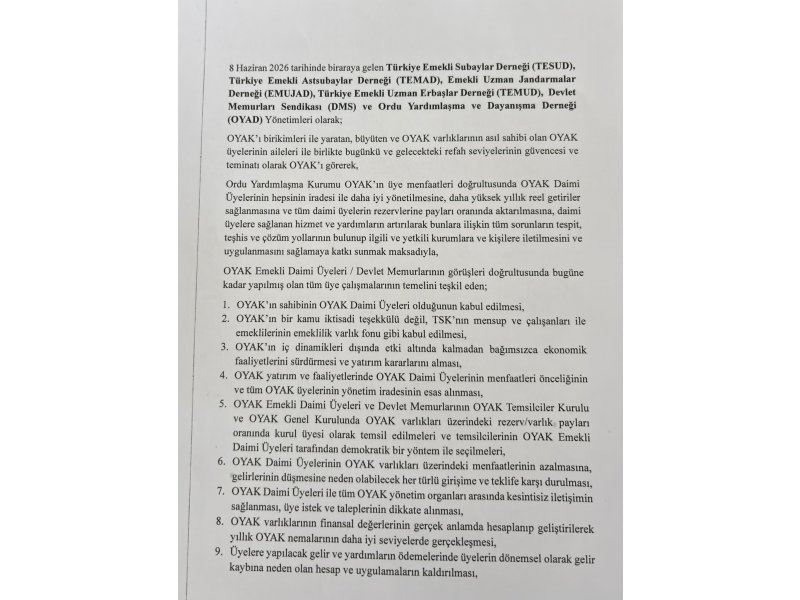 OYAK; ortak mutabakat metni 1 sayfa.