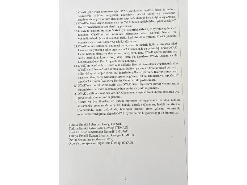 OYAK; ortak mutabakat metni 2 sayfa.