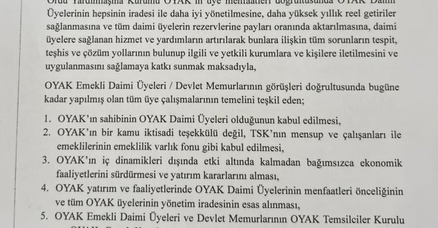 OYAK; ortak mutabakat metni 1 sayfa.